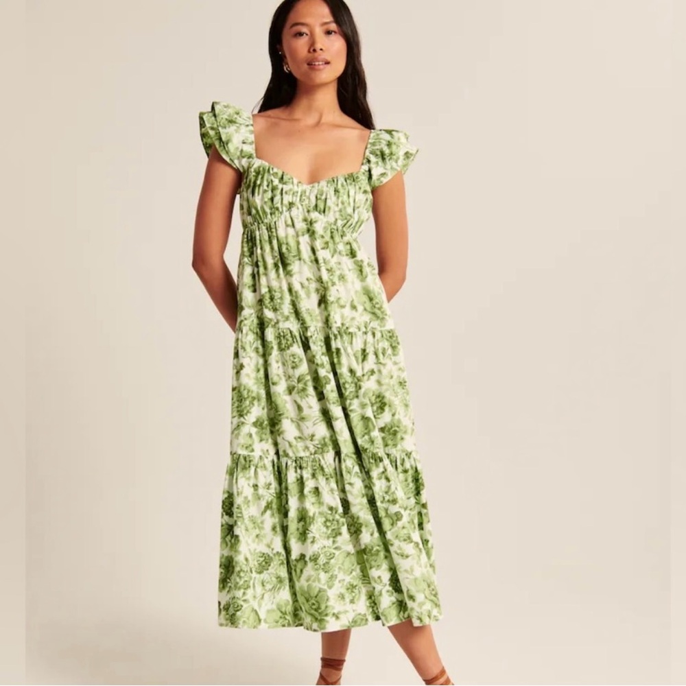 Abercrombie & Fitch Ruffle Sleeve Poplin midi maxi Dress Green Floral